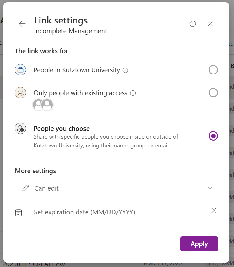 The Link settings dialog allows users to configure whether the file is shared with all people in Kutztown University or only specific users. At the bottom is a selector to set whether other users can edit the file.