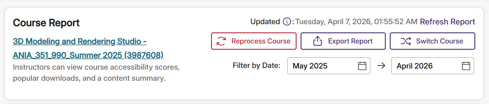 The Course report tile shows the title of the current course and buttons (left to right) to Reprocess course, export the report, and switch courses.