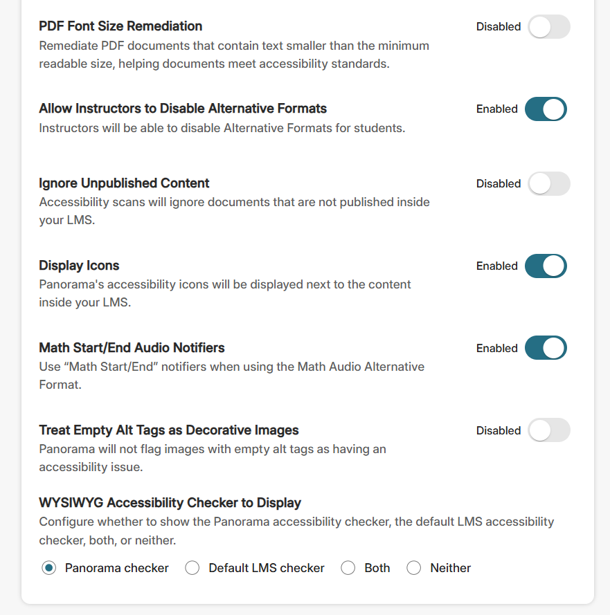 Course-specific configurations include PDF font size remediation, calculation of unpublished content, the display of icons, and a choice of WYSIWYG accessiblity checker.