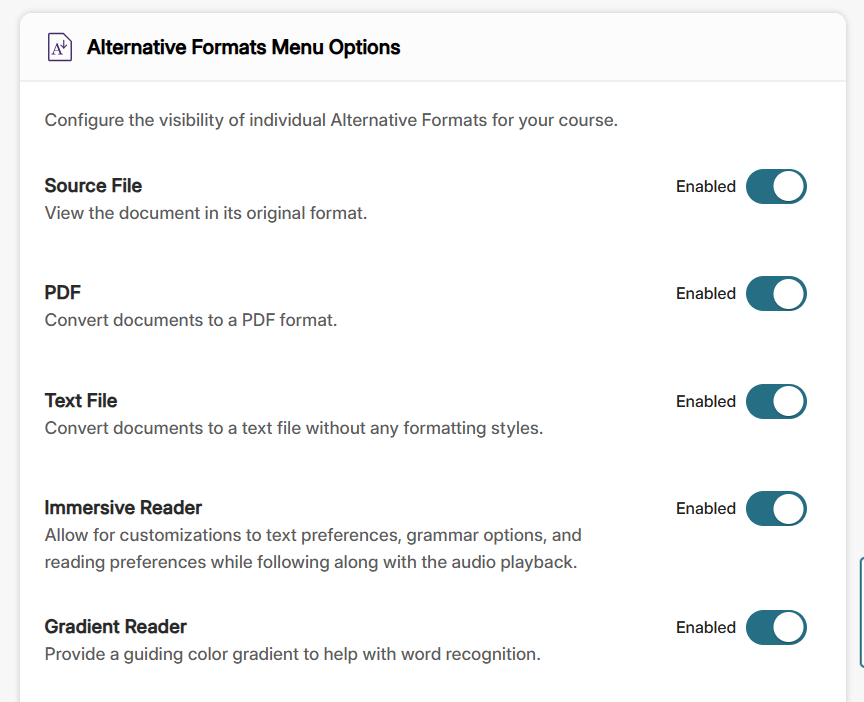 The Alternative Formats Menu Options allows the instructor to enable or disable any alternative format for students.
