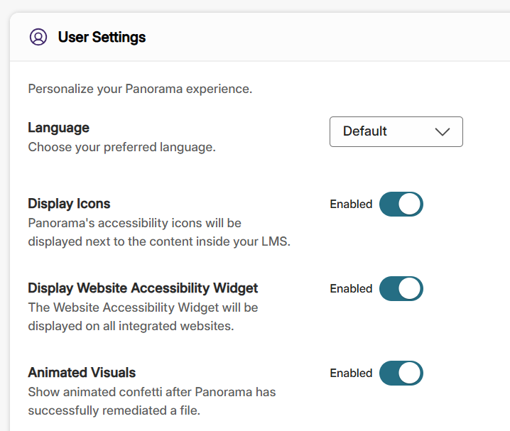 The User Settings menu allows for personalization, including the display of icons, website widgets, and animations.