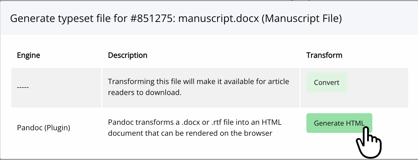 Screenshot depicting a cursor clicking on the "Generate HTML" button.
