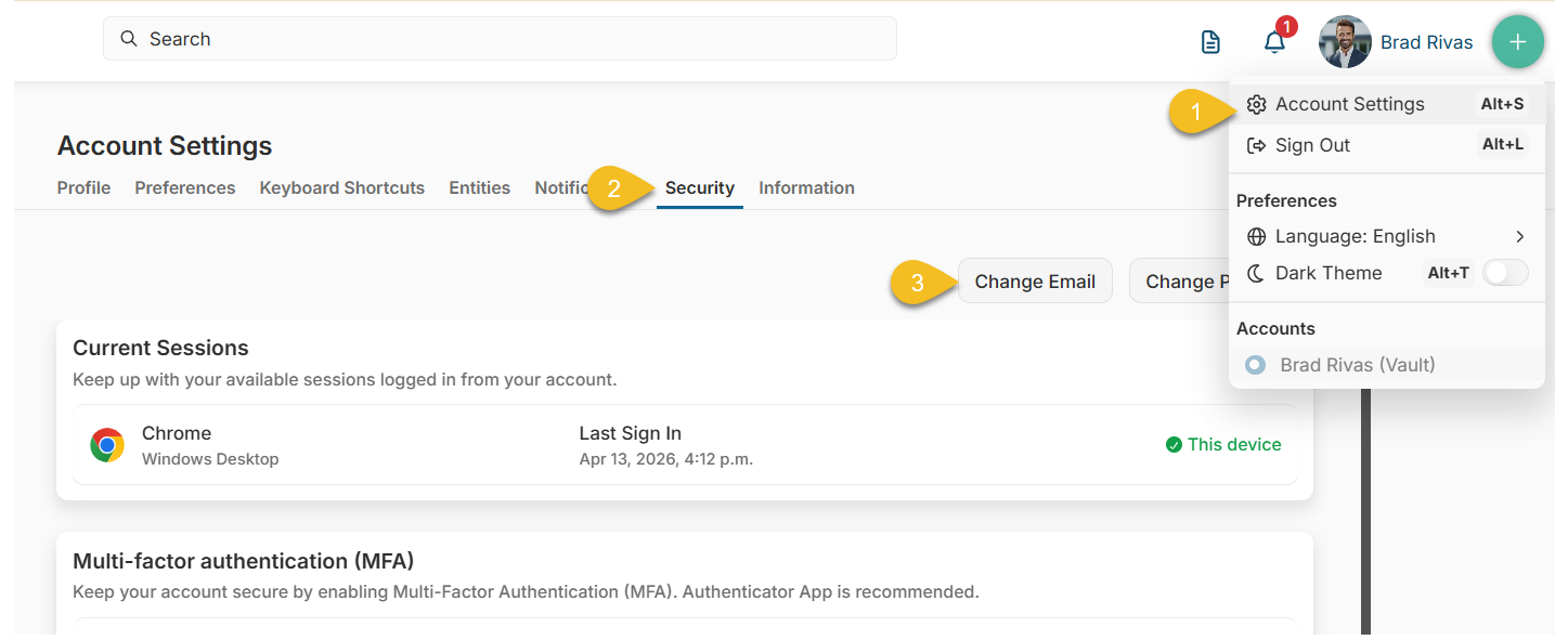  Open Account Settings > Security Tab> Change Email