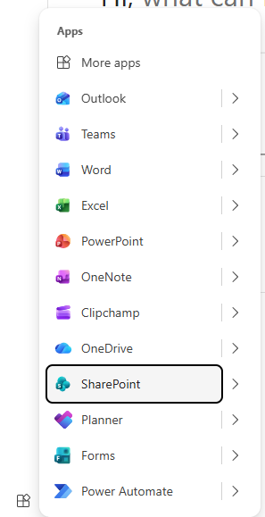 The app launcher on office.com lists a number of available apps, including SharePoint. 