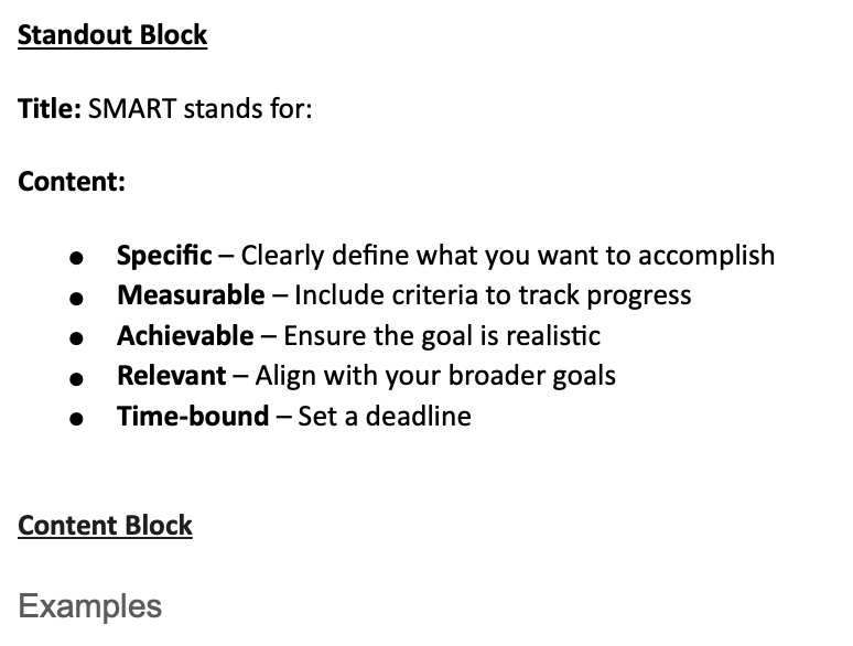 Screenshot showing the Standout block starting with "Standout Block", followed by content, followed by "Content Block" and some text.