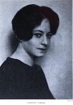 Black and white photo of Dorothy Parker in profile. Her hair is dark and short.