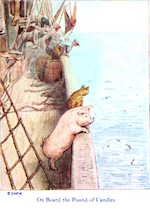 Color illustration of a pig and cat at the railing of a ship looking at the water