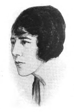 Black and white sketch of the profile of Edna Ferber. She has dark hair in a short cut.