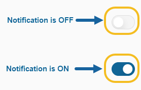 Gray toggle → Notifications are OFF. Blue toggle → Notifications are ON
