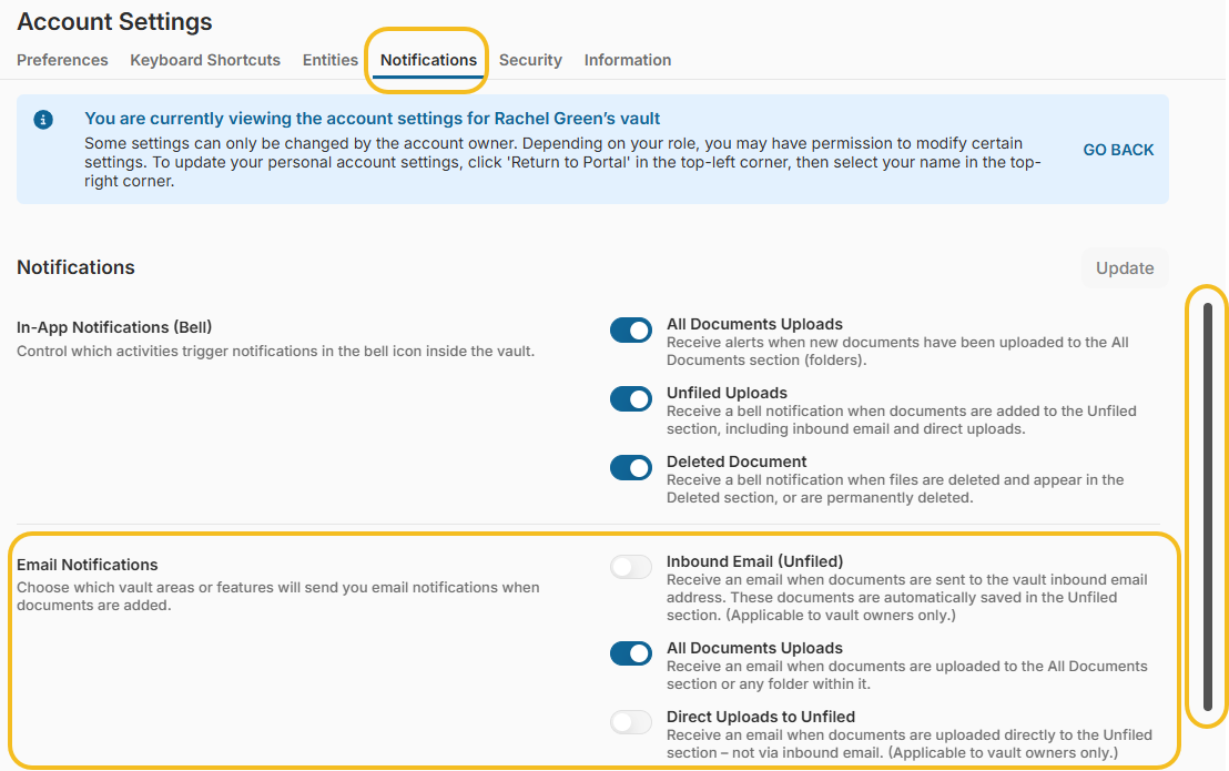 Configure Email Notifications > Inbound Email, All Documents Uploads, Direct Uploads to Unfiled