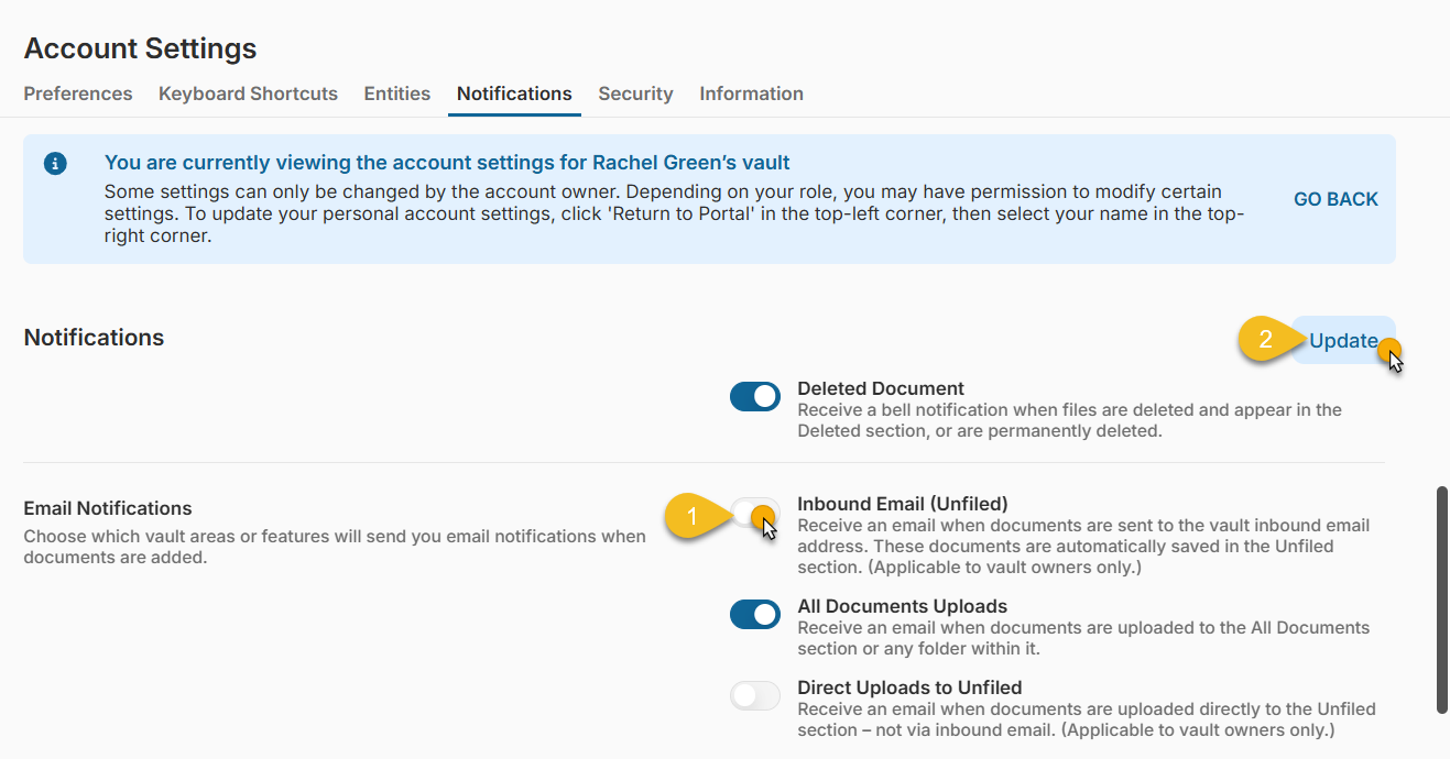 Click the toggle to turn it ON (blue) or OFF (gray). Click Update to save change