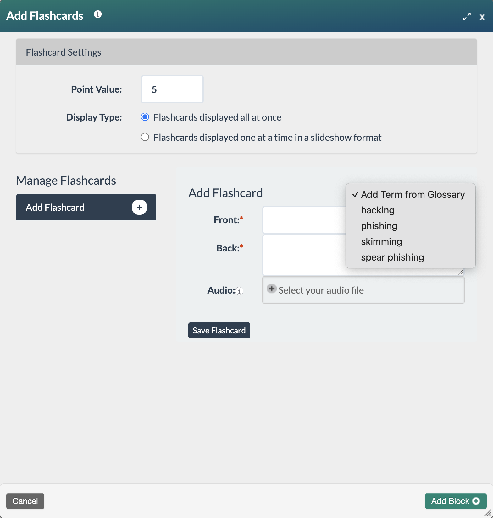screenshot showing how to add a term from the glossary