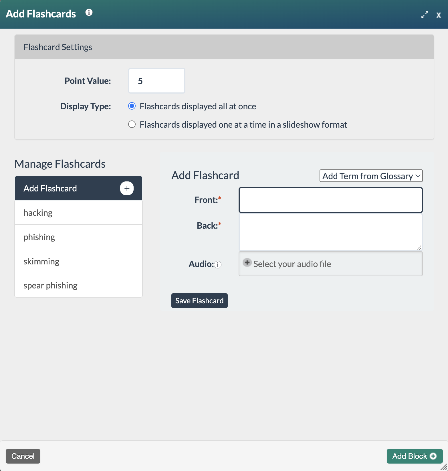 screenshot showing a completed flashcard form with glossary terms