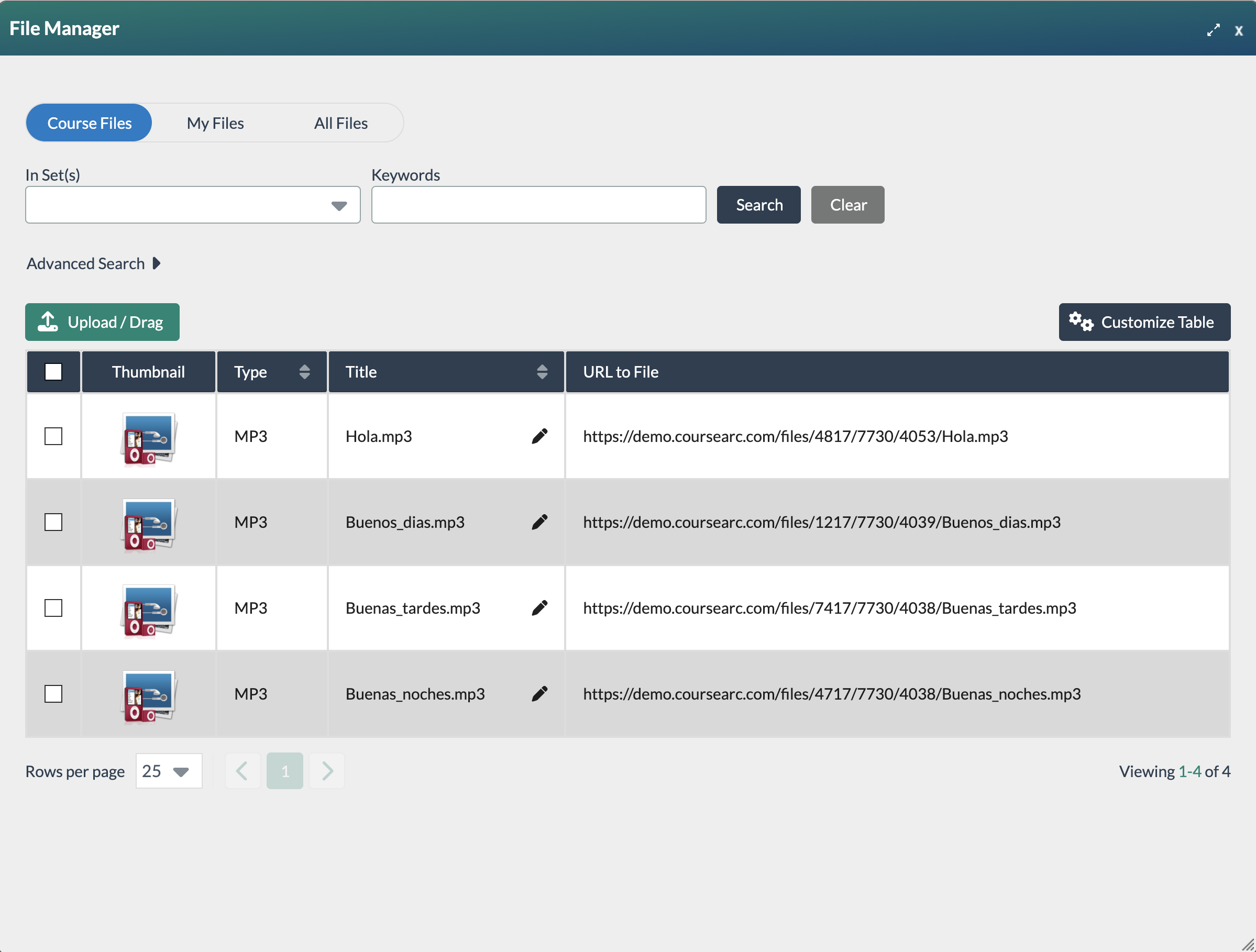 file manager view with list of audio files