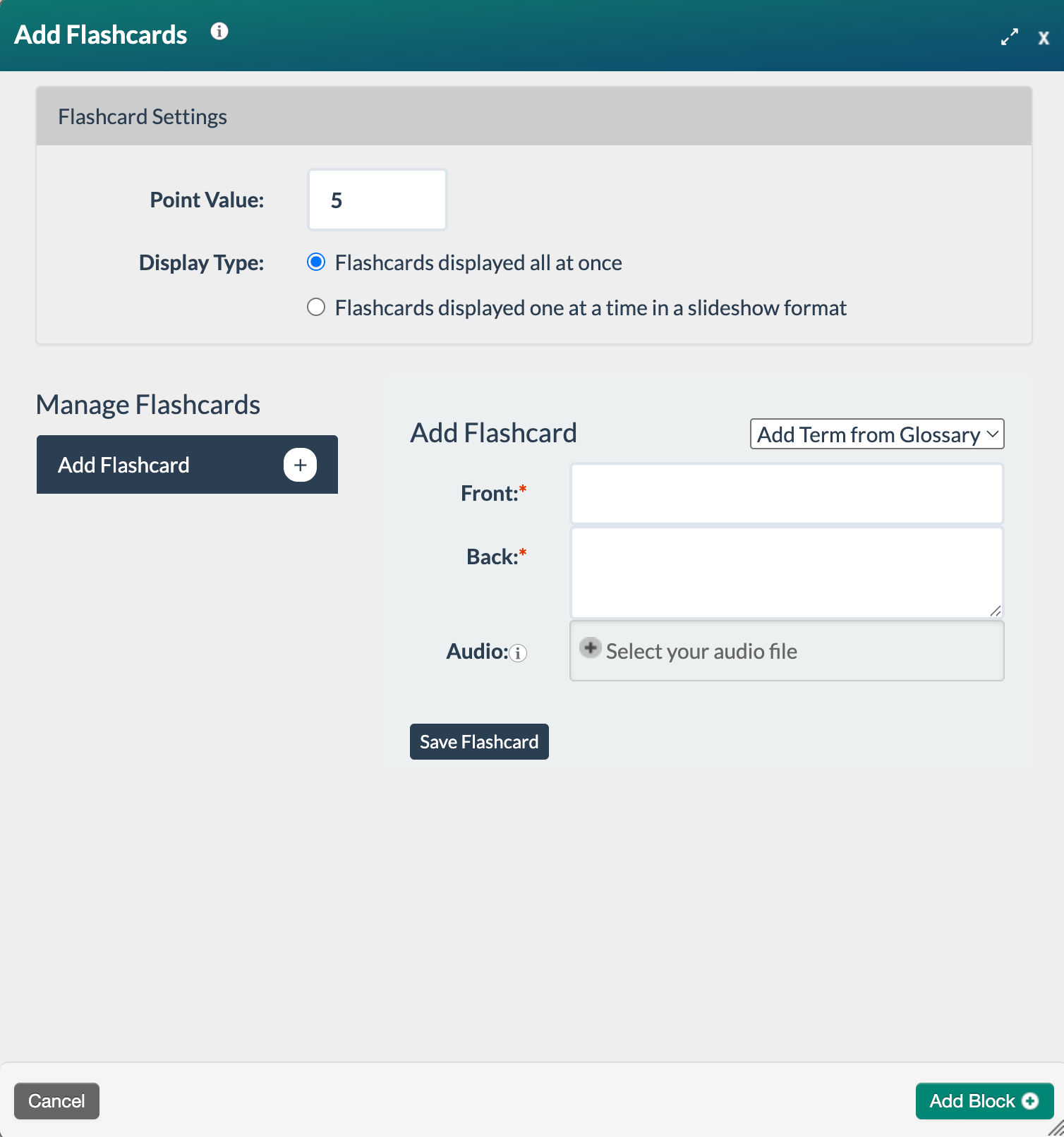 add flashcards modal form view