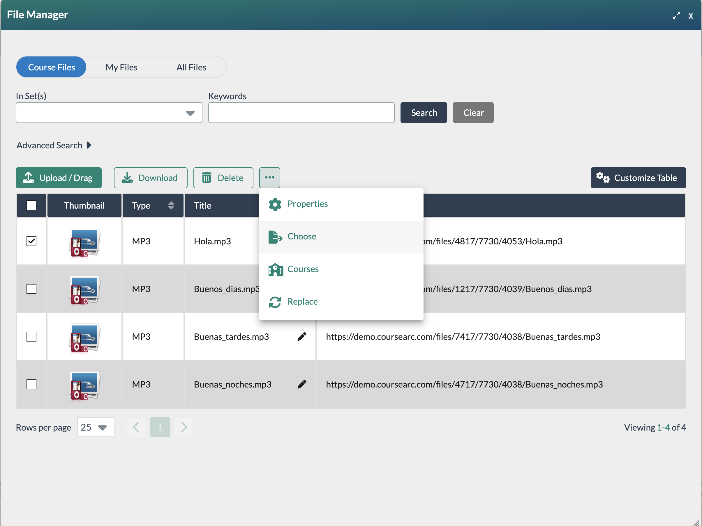 file manager view with list of audio files, dropdown menu displayed showing choose