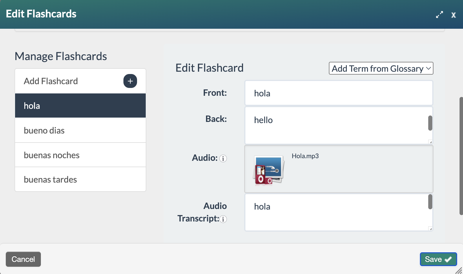 Edit flashcards form, showing the audio clip market-value.mp3 has been added to this entry