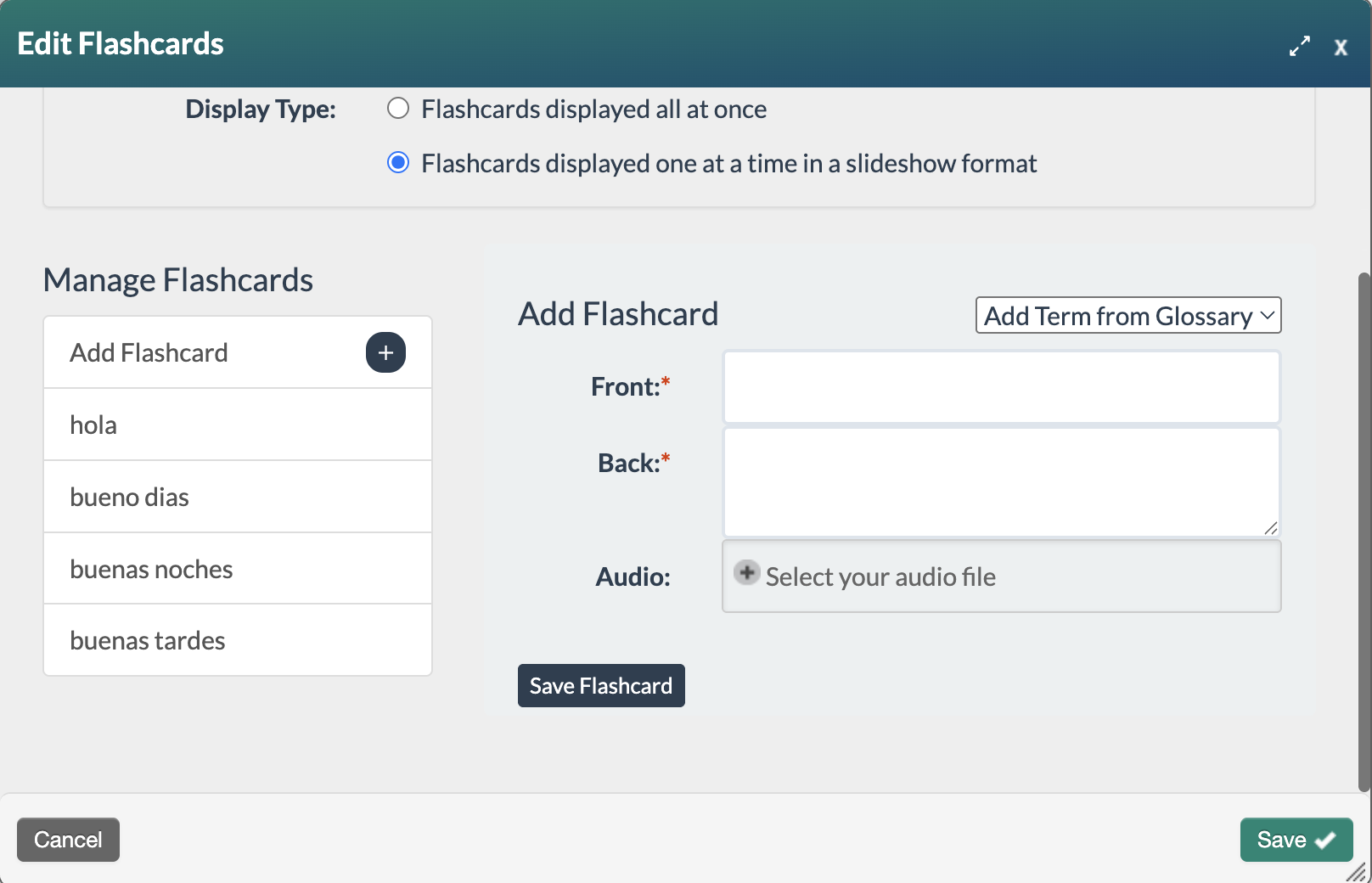 Edit Flashcards view of Manage Flashcards area