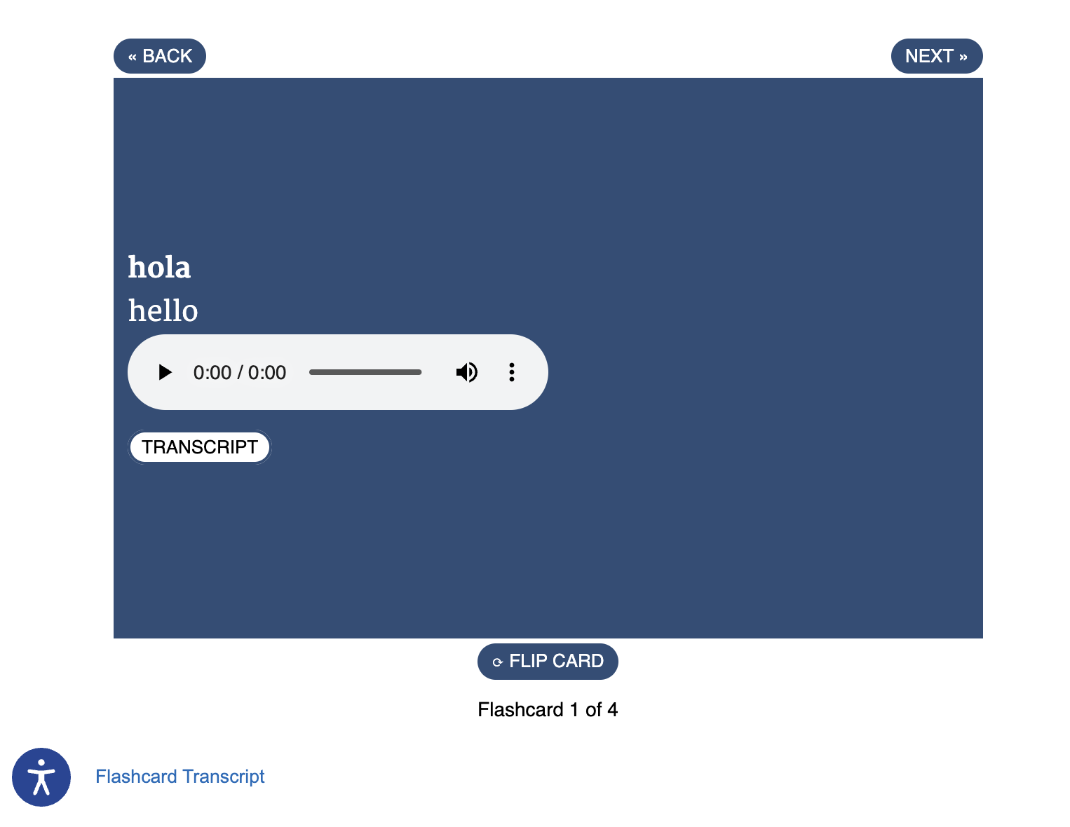 learner view of flashcards with audio options