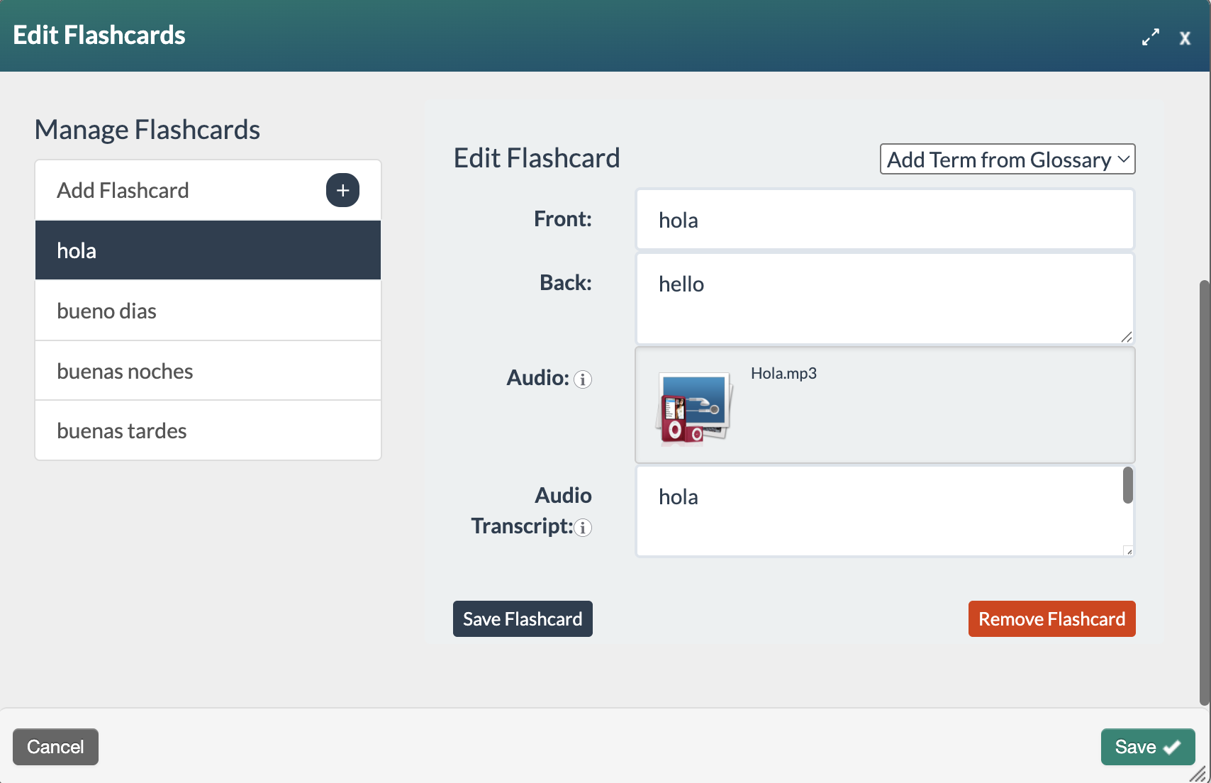 screenshot of Edit Flashcard form with Remove Flashcard as an option