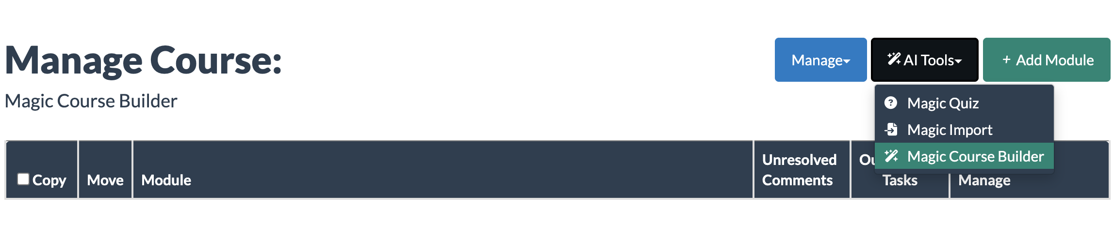 manage course view with AI Tool dropdown menu showing magic course builder selected