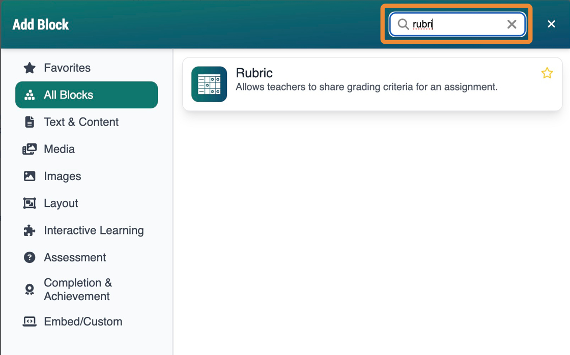 Add block modal showing "match" typed into the search field
