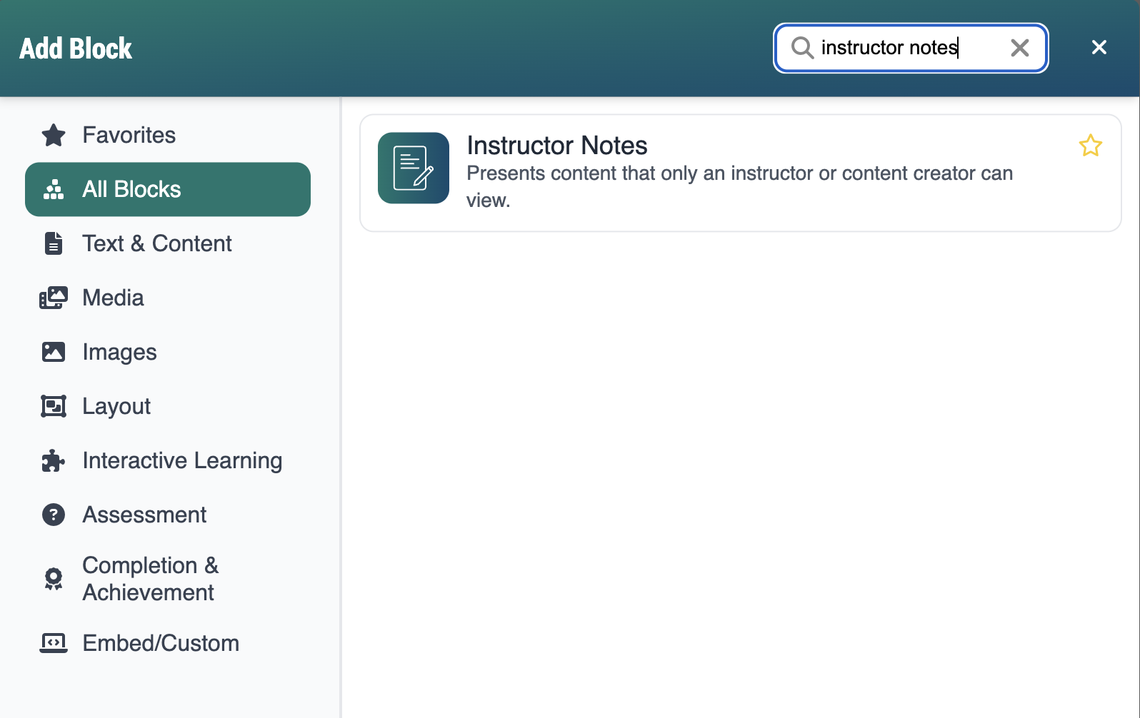 Add block modal showing "instructor notes" typed into the search field
