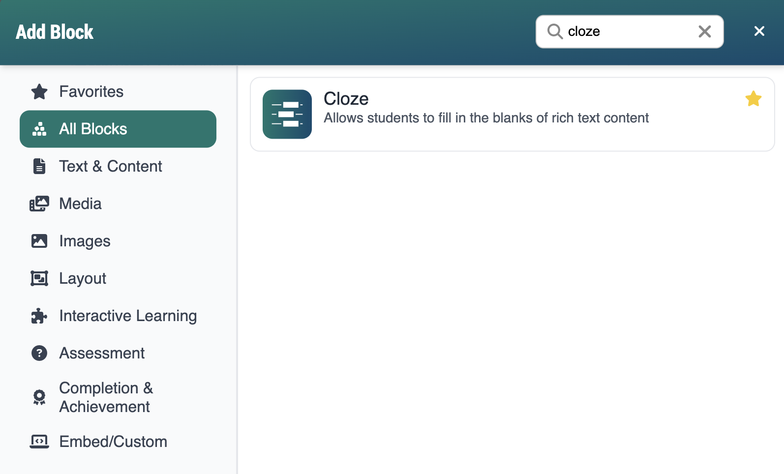 Add block modal showing "cloze" typed into the search field