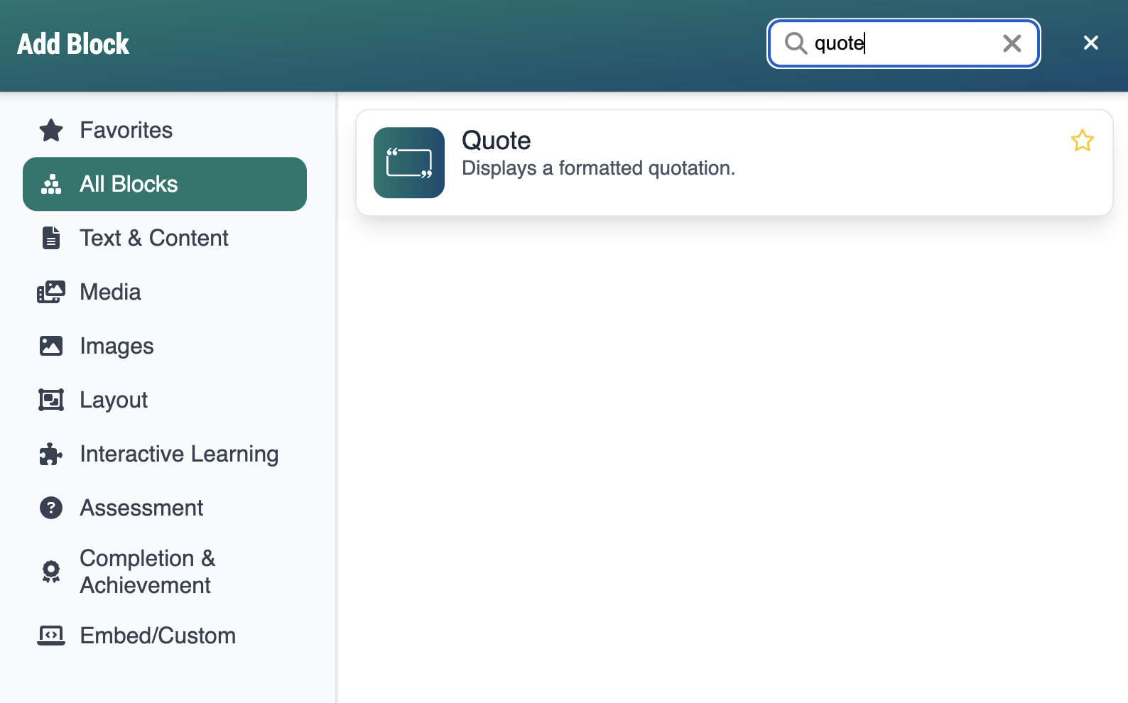 Add block modal showing "match" typed into the search field