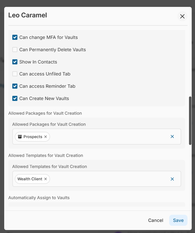 New flag feature for Representative to 'create vaults' and set which templates and package can they use