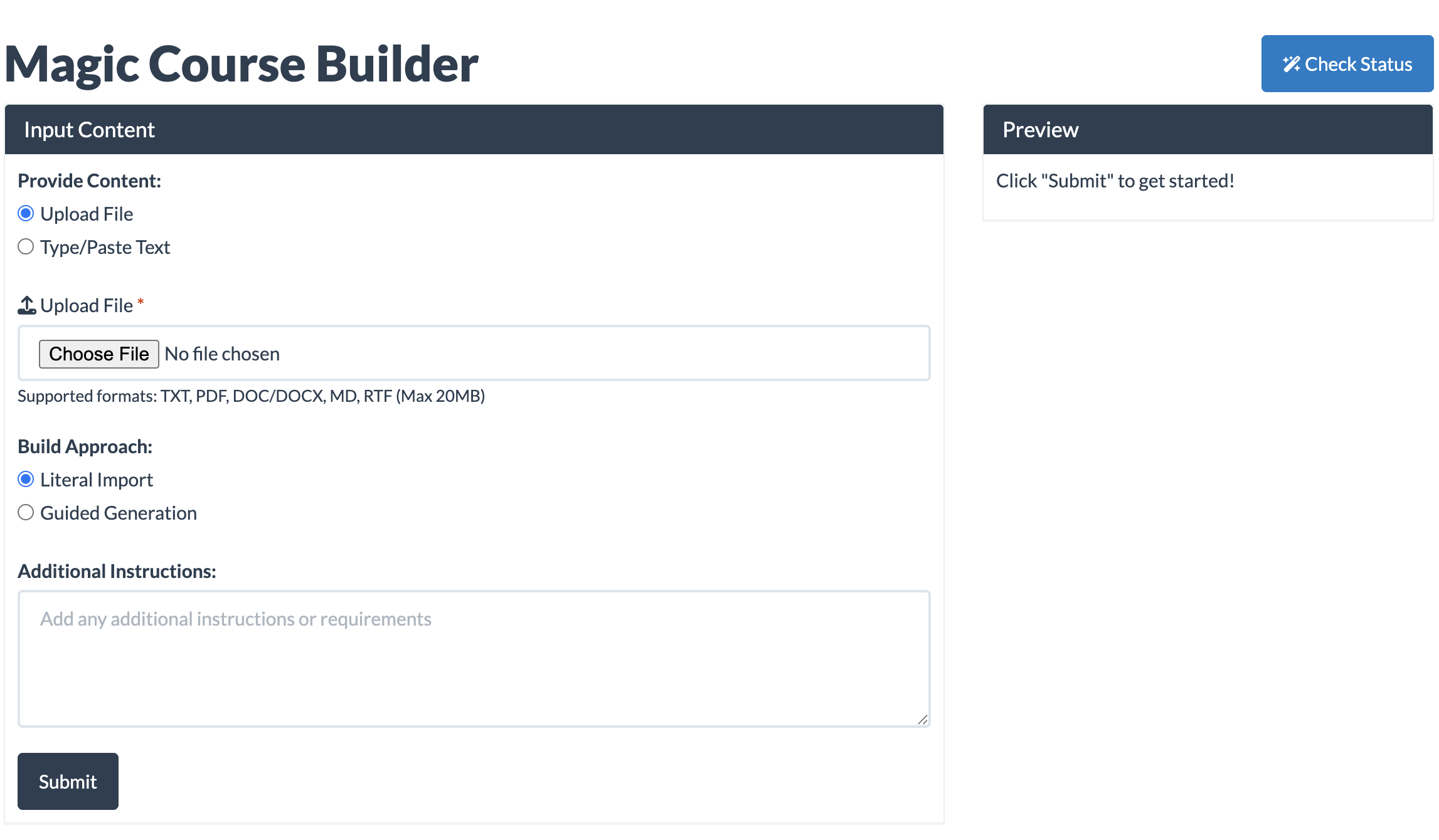 screenshot of magic course builder form