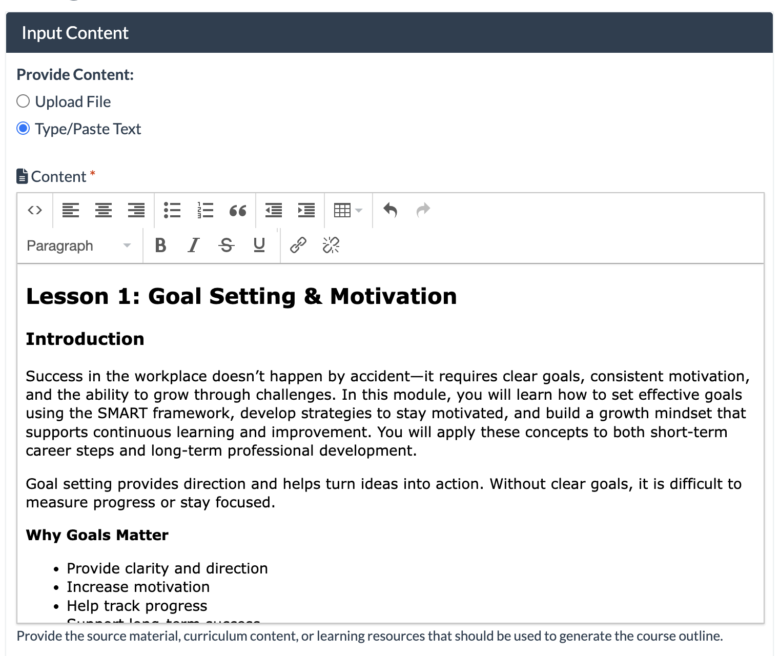 screenshot of content field with pasted text