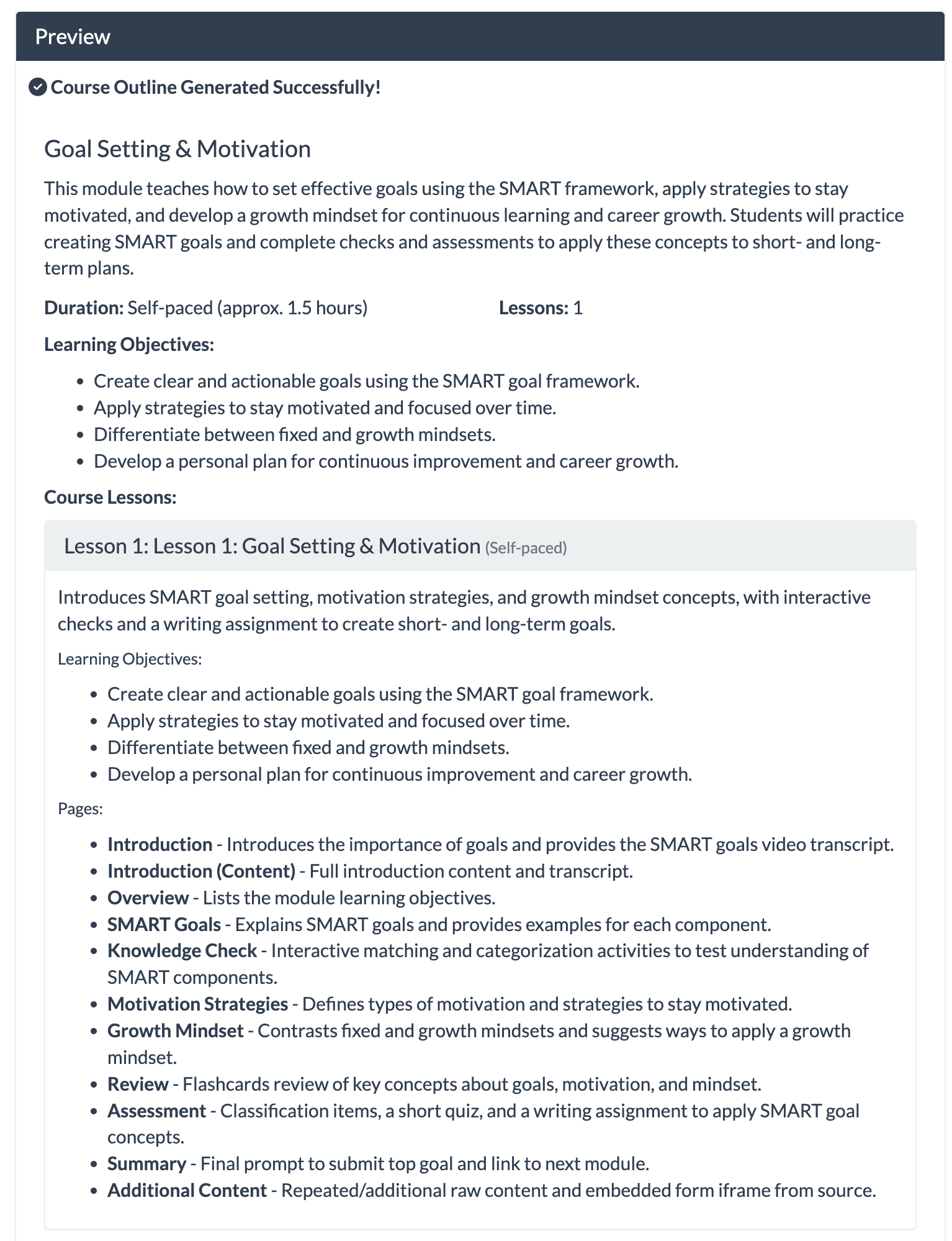 Preview pane shows successfully generated course outline.