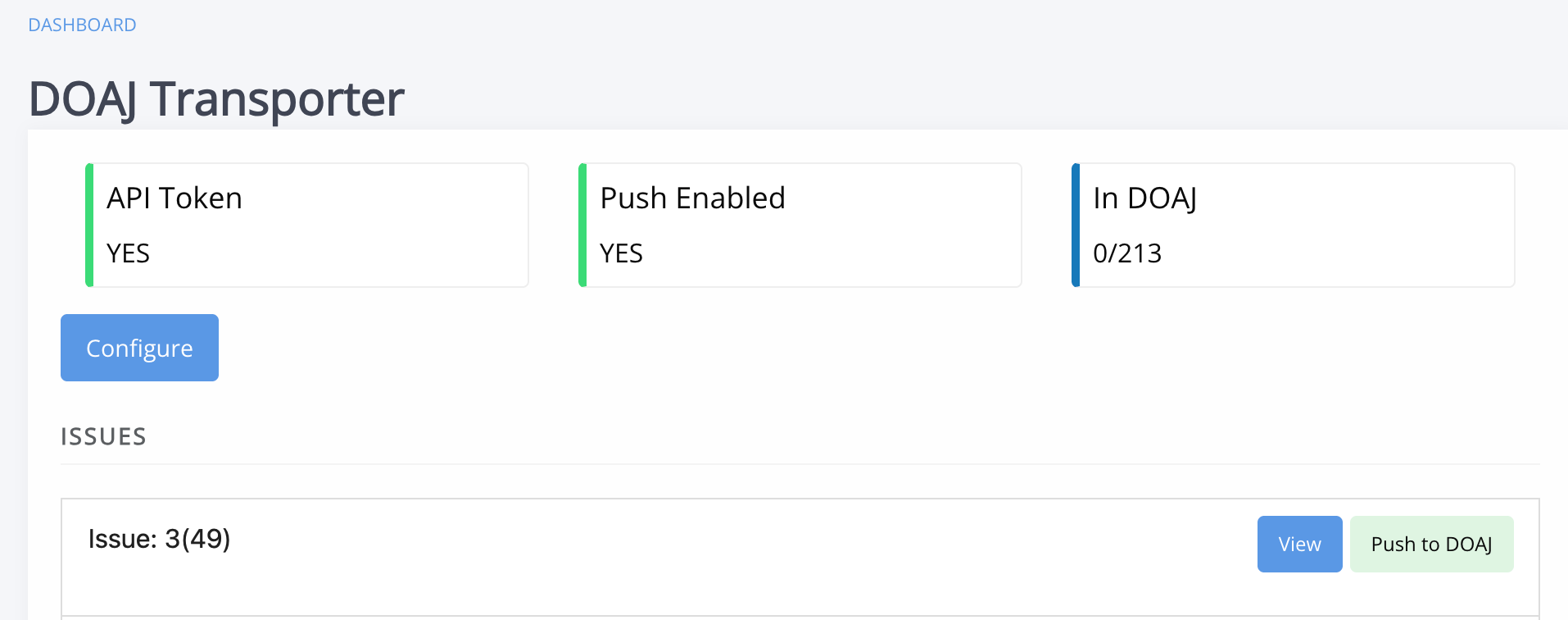 Screenshot depicting the DOAJ Transporter plugin in Janeway