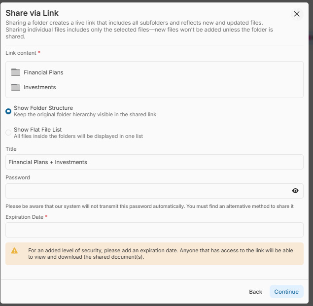 Sharing a folder creates a live link that includes all subfolders and reflects new and updated files. You can also choose how recipients view the shared content: Original folder structure or a Flat file list