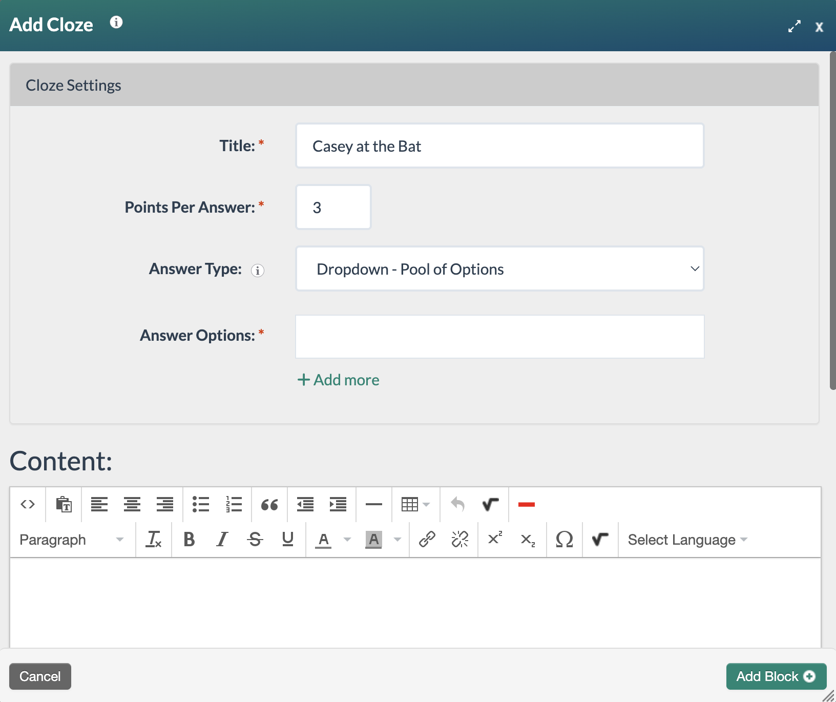 Screenshot of a sample of the Cloze Settings fields filled in with the title Casey at the Bat, Points per answer of 3 and Answer Type is currently the default option of Dropdown