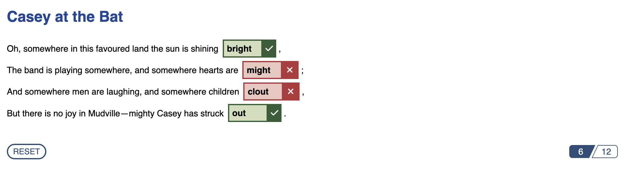 sample submitted cloze activity with incorrect and correct answers showing
