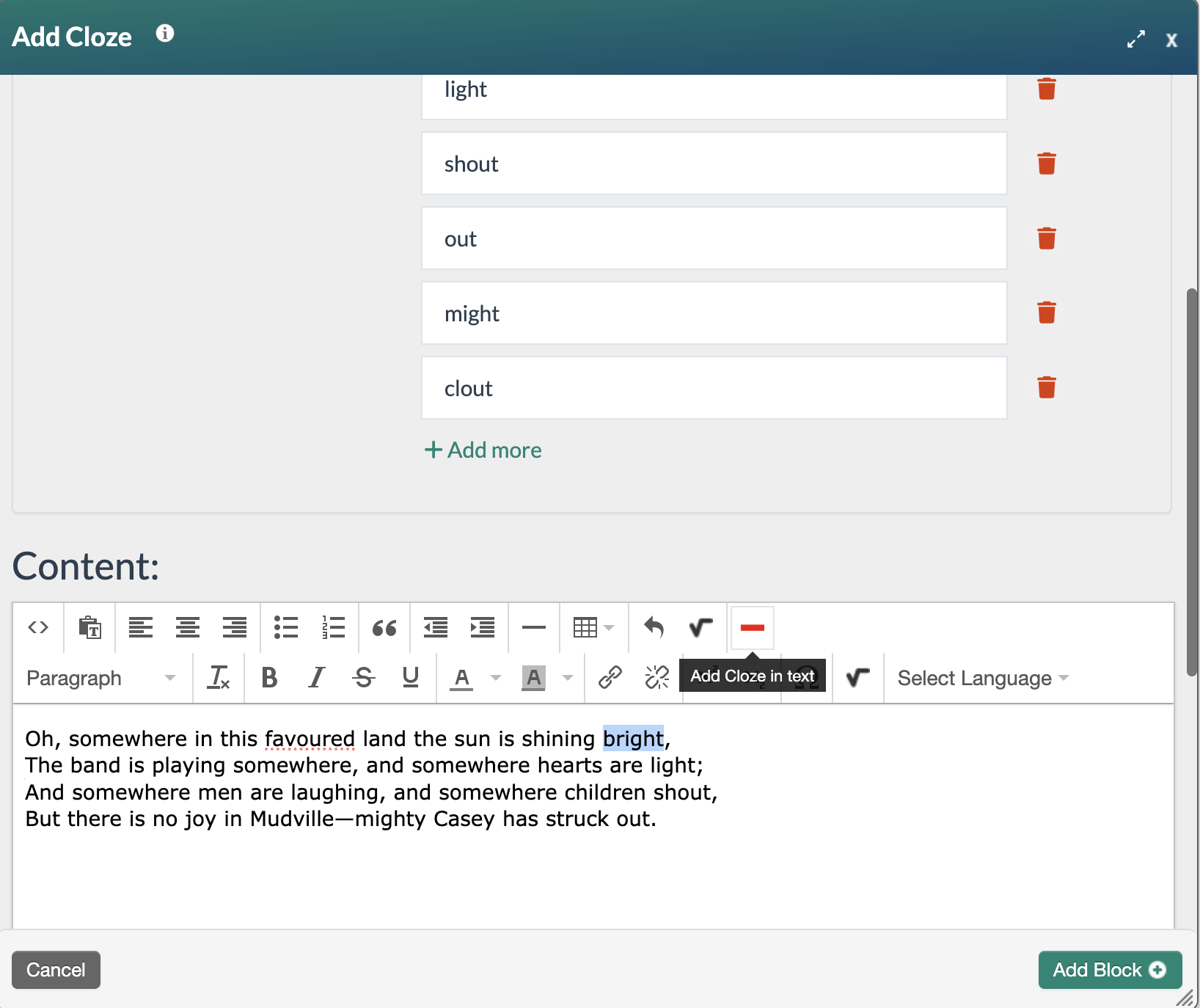 Screenshot showing the word bright is highlighted and the Add Close in text button is being selected