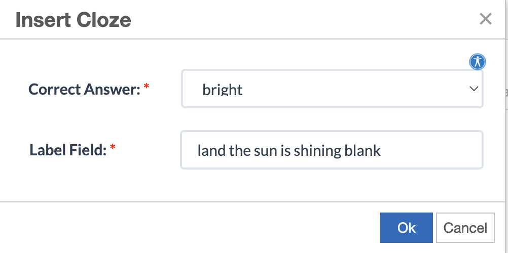 Insert Cloze modal showing on top of previous modal, with options to select a Correct Answer from the dropdown