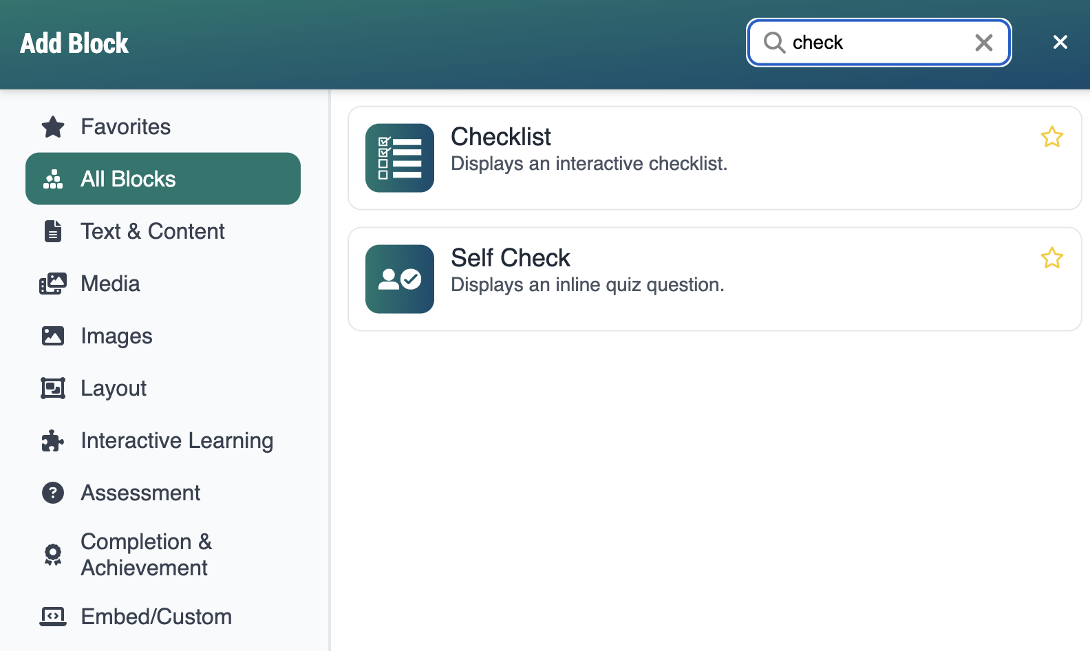 screenshot of add block with the checklist block showing