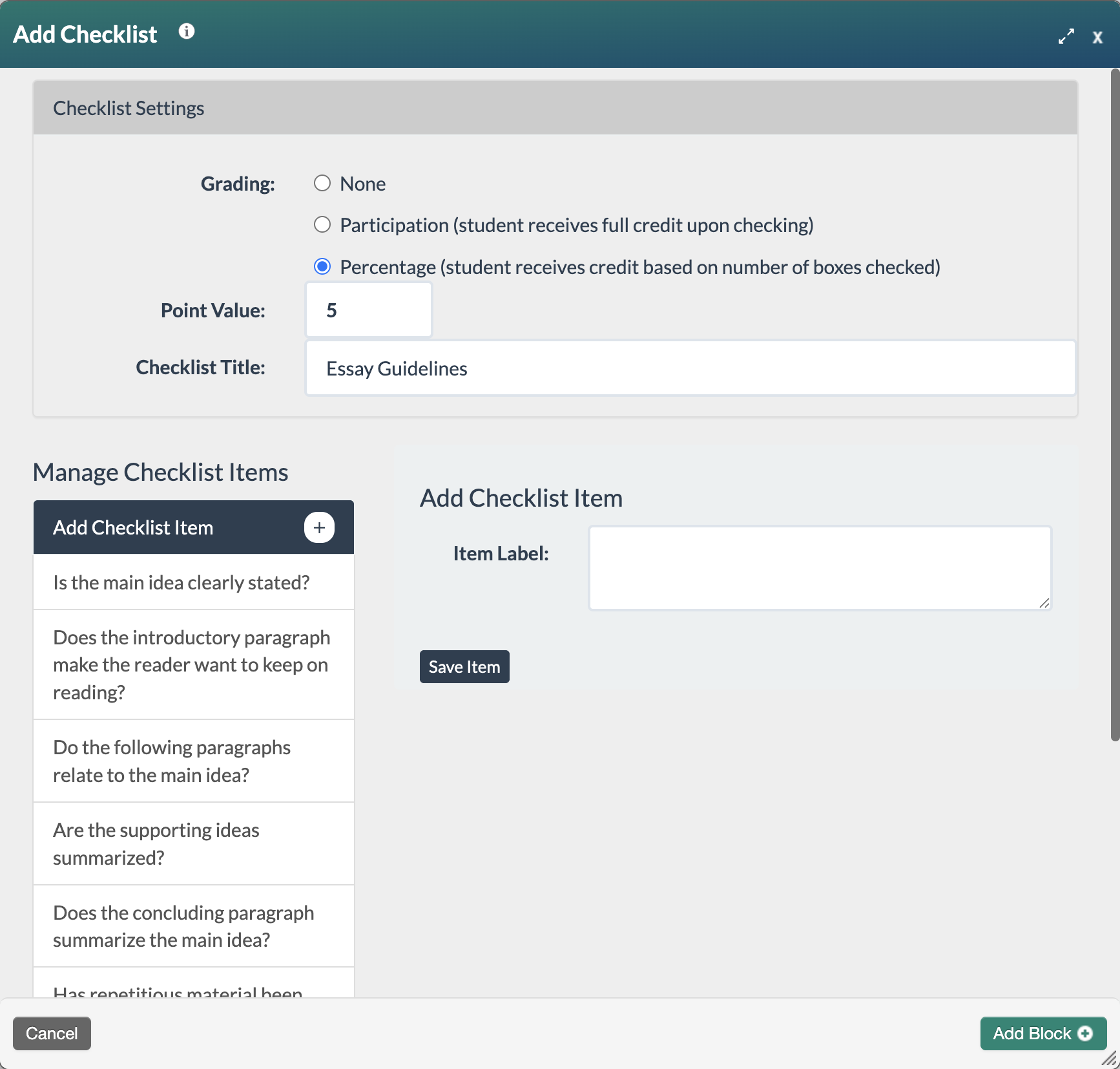 screenshot of Checklist Add Block