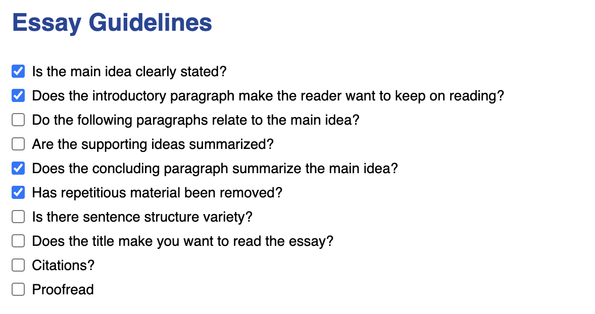 screenshot of the published checklist with a few items checked off