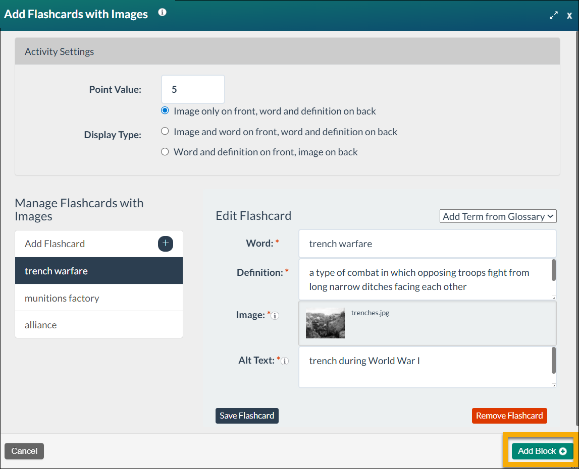 Add Flashcards with Images form with definitions about WWI; Add Block+ button highlighted