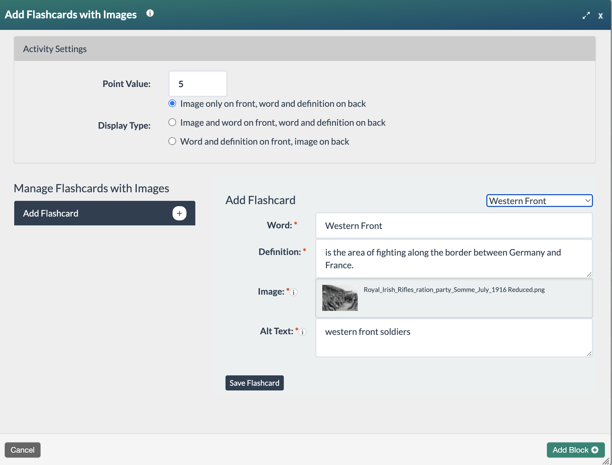 screenshot of the term western front populated in the flashcard fields
