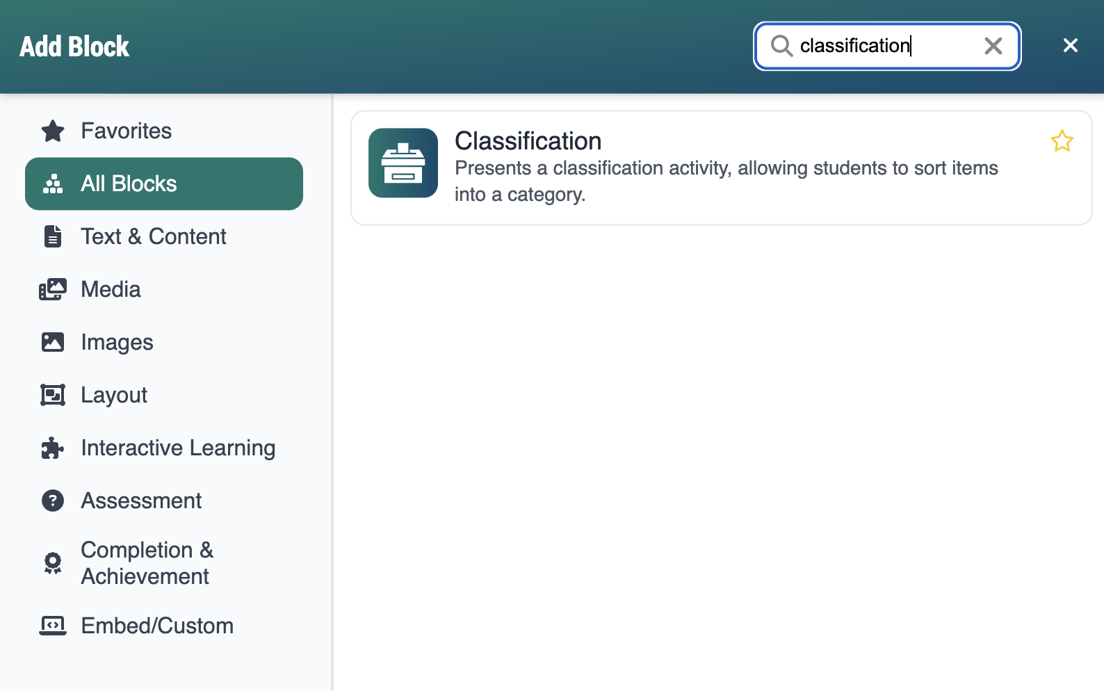 Add block modal, showing search results for "classification"