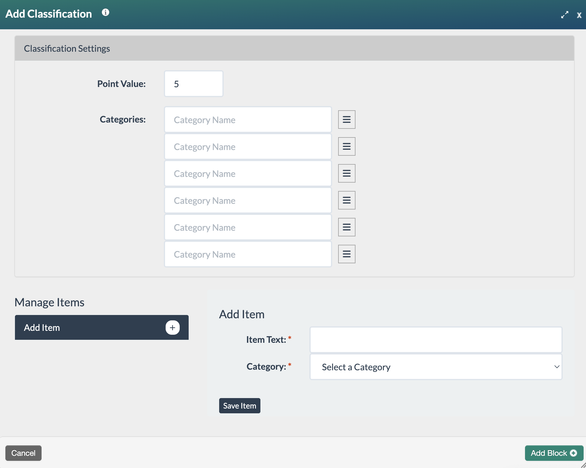 blank Add Classification form