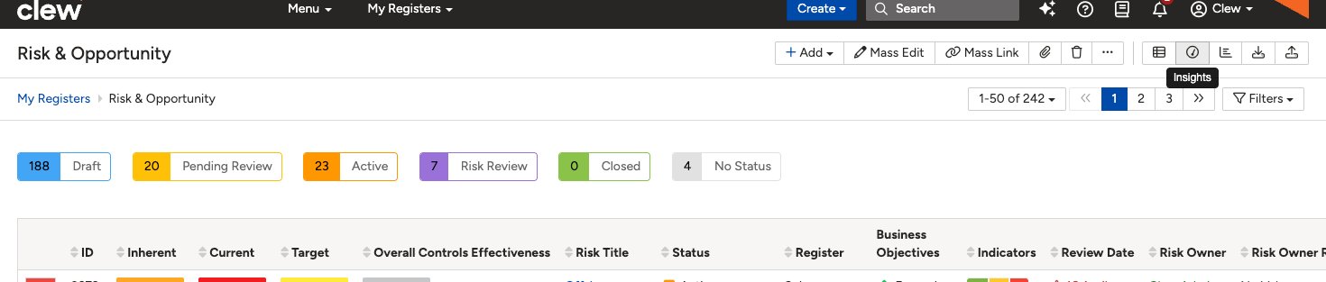 Risk and Opportunity register page showing the Insights button