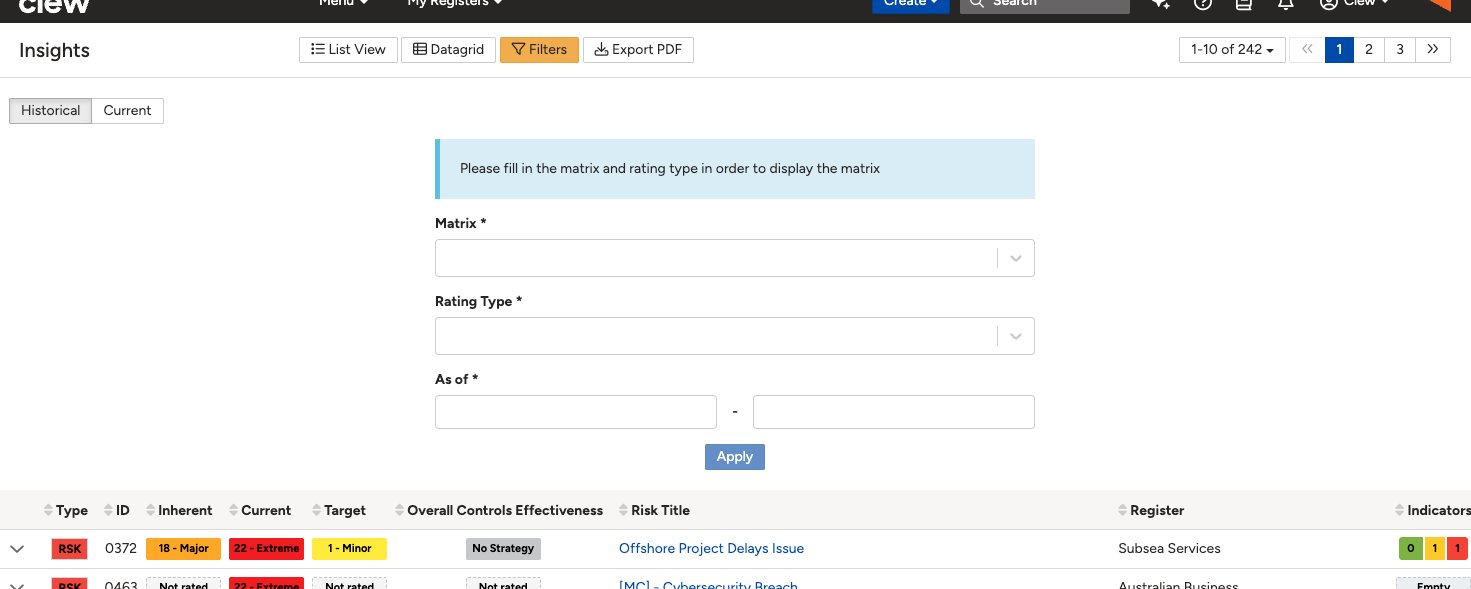 Insights panel showing the Matrix, Rating Type and As of date fields