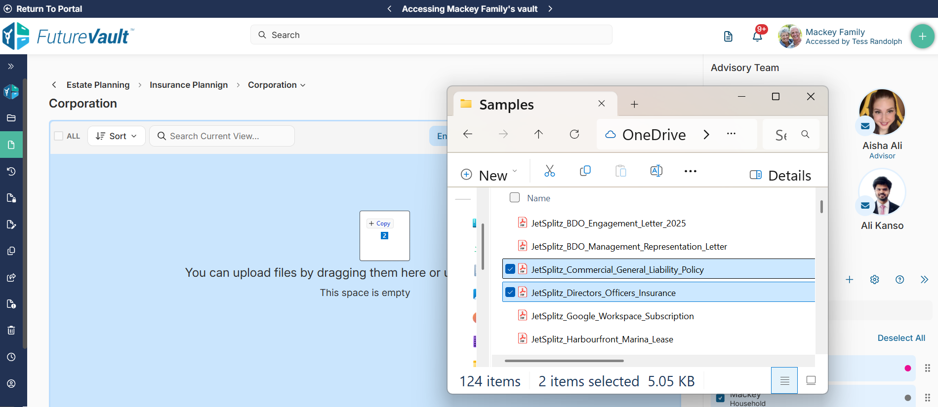 upload documents is by dragging files directly into a Vault folder