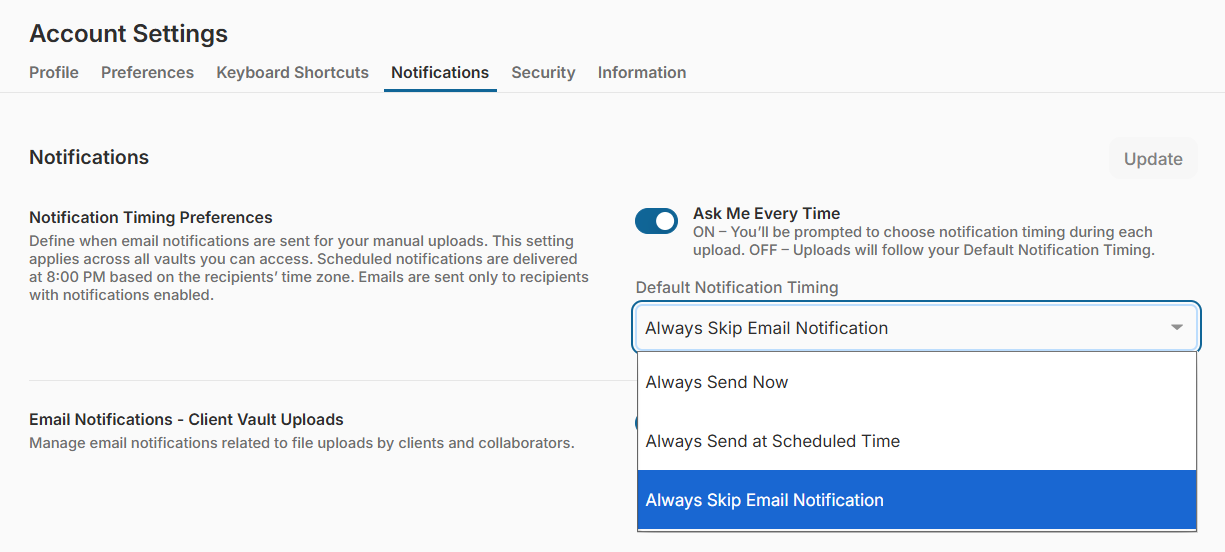 Your own Account Settings - Notification Timing Preferences